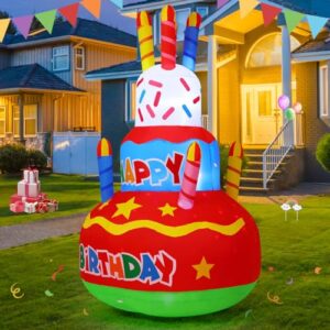 GOOSH Birthday Inflatables Outdoor Decorations Cake with Candle, Happy Birthday Blow Up Yard Decorations 6.2FT with Colorful Rotating LED Lights for Party Yard Garden Lawn (Red-A)