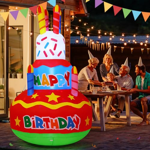 GOOSH Birthday Inflatables Outdoor Decorations Cake with Candle, Happy Birthday Blow Up Yard Decorations 6.2FT with Colorful Rotating LED Lights for Party Yard Garden Lawn (Red-A)