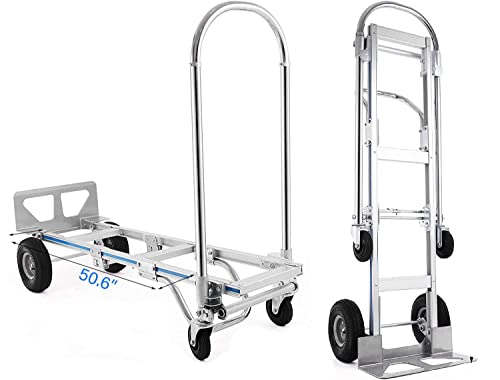 Hihone 880lbs Aluminum Hand Truck, 2 in 1 Heavy Duty Convertible Folding Hand Truck, with 10" Rubber Pneumatic Wheels, Assisted Hand Truck Flatform Cart