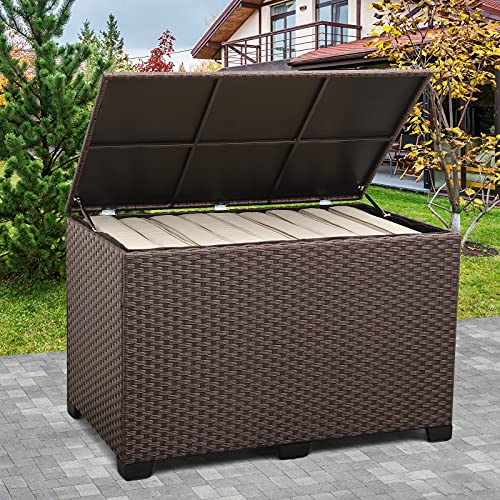 Valita Outdoor Wicker Storage Box, Big Size,Resin Brown Rattan Deck Bin with Lid, 150 Gallon,Water-resistant Liner Container for Patio Gardening Tools, Cushions, Pool Accessory,Pillows