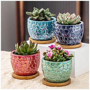 Segreto Succulent Plant Pots Marbling Pattern Flower Pots Ceramic Planter for Cactus Plants Container Bonsai Pots with Bamboo Tray and Drainage Hole for Home Decor,Set of 2