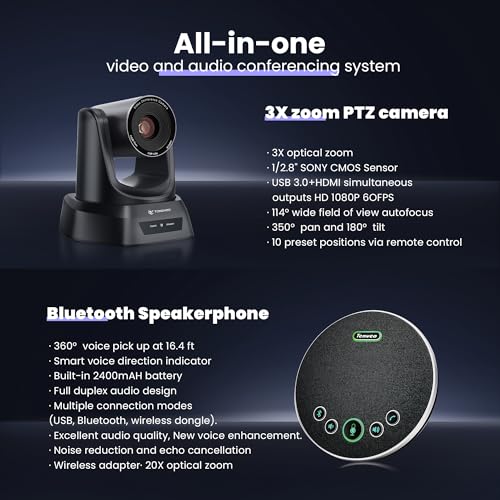 TONGVEO Conference Room HDMI 60fps USB3.0 Camera System with Bluetooth Microphone and Speaker | 3X Optical Zoom 1080P PTZ Video Camera Kit |with Speakerphone | for Church Home Office(UVC1.1)