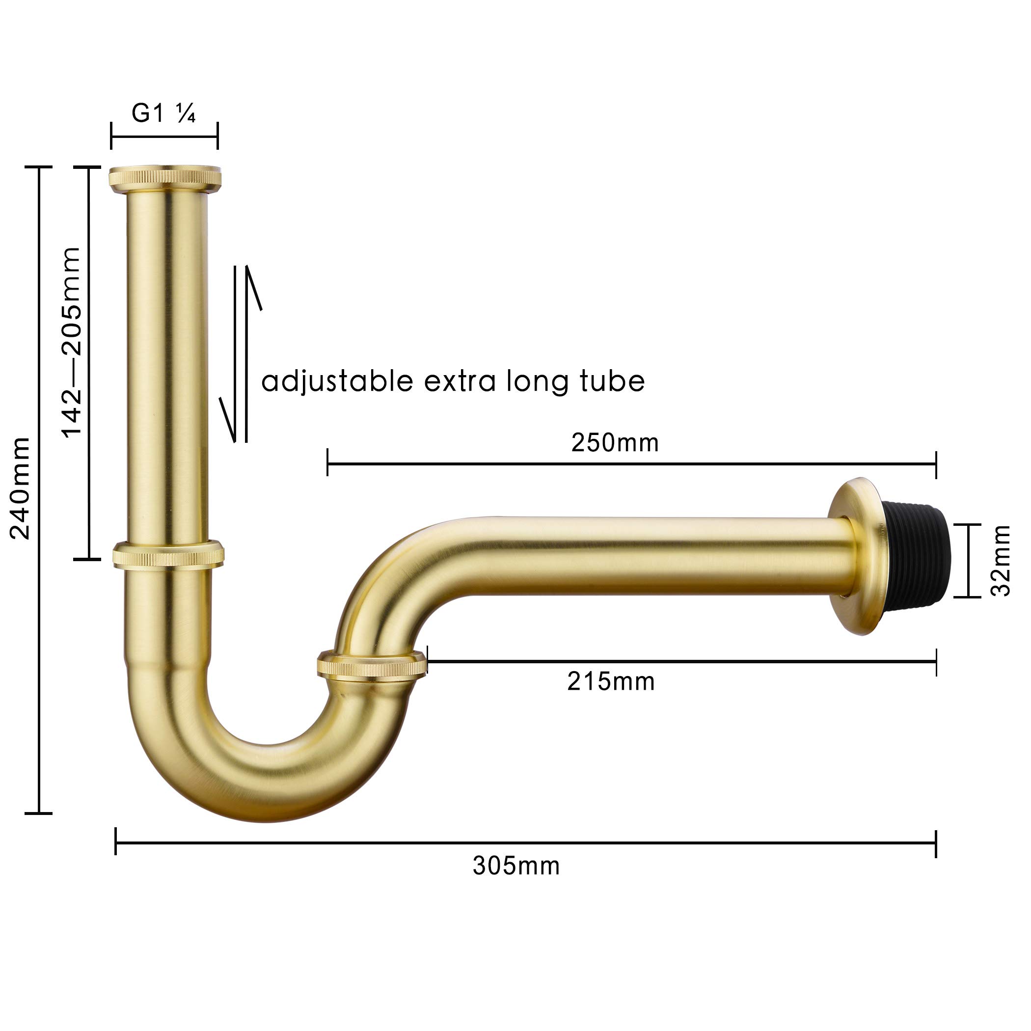 Orhemus Brass P Trap, 1 1/4 Bathroom Basin Sink Waste Trap Drain Kit with Flange and Slip Joint Extension Tube Drain Tailpiece, Adjustable Height, Brushed Gold Brass Finish