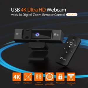 j5create 4K Ultra HD Webcam with 5X Digital Zoom Privacy Cover Low Light Enhancement Dual High-Fidelity Microphones Remote Control USB-C|for Video Conferencing/Online Classes/Live Streaming (JVCU435)