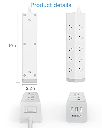 Surge Protector Power Strip 15 Outlets, TESSAN 1875W 15A Extension Cord with Multiple Outlets 6 ft, 3 USB Charging Ports, 1050J, Mountable, Flat Plug, Home Office College Dorm Room Essentials