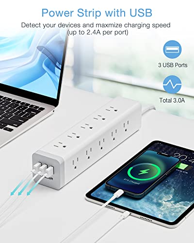 Surge Protector Power Strip 15 Outlets, TESSAN 1875W 15A Extension Cord with Multiple Outlets 6 ft, 3 USB Charging Ports, 1050J, Mountable, Flat Plug, Home Office College Dorm Room Essentials