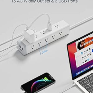 Surge Protector Power Strip 15 Outlets, TESSAN 1875W 15A Extension Cord with Multiple Outlets 6 ft, 3 USB Charging Ports, 1050J, Mountable, Flat Plug, Home Office College Dorm Room Essentials