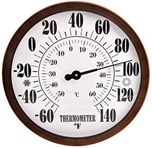12" indoor outdoor thermometer decorative - waterproof garden wall thermometer for patio, large number thermometer with stainless steel enclosure, no battery needed hanging thermometer