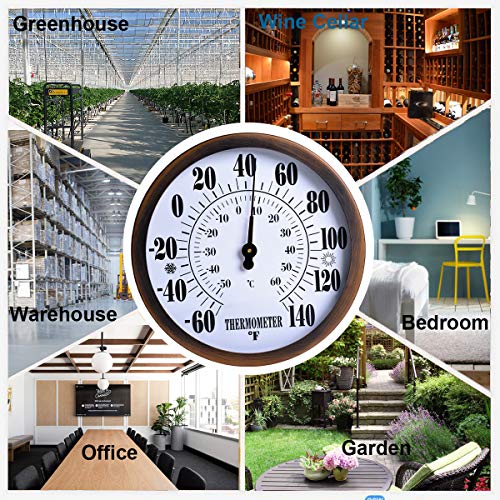 12" Indoor Outdoor Thermometer Decorative - Waterproof Garden Wall Thermometer for Patio, Large Number Thermometer with Stainless Steel Enclosure, No Battery Needed Hanging Thermometer