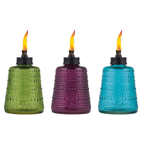 TIKI Brand Carnival Table Torch | Glass Blue Green and Purple | Outdoor Lighting in Patio, Backyard, 3-pack, 6 in,1120163