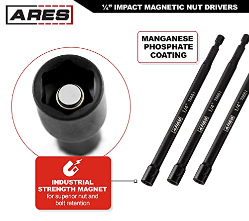 ARES 27008-3-Piece 1/4-Inch Magnetic Impact Nut Driver Bit Set - 6-Inch Length - Impact Grade Nut Setters with Industrial Strength Magnets