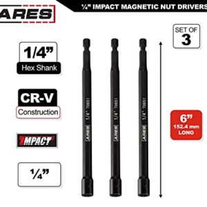 ARES 27008-3-Piece 1/4-Inch Magnetic Impact Nut Driver Bit Set - 6-Inch Length - Impact Grade Nut Setters with Industrial Strength Magnets