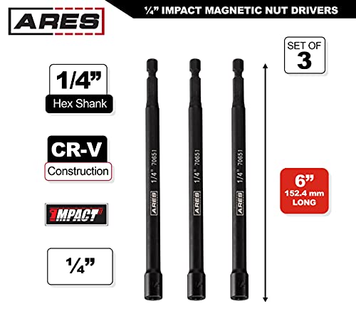 ARES 27008-3-Piece 1/4-Inch Magnetic Impact Nut Driver Bit Set - 6-Inch Length - Impact Grade Nut Setters with Industrial Strength Magnets