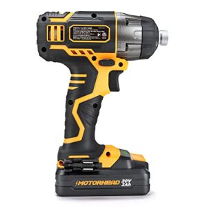 MOTORHEAD 20V ULTRA Cordless Impact Driver Kit, Lithium-Ion, ¼” All-Metal Hex Chuck, Tri-Beam LED, Variable Speed Trigger, 2Ah Battery & Quick Charger, Bag, 16 Accessory Bits, 3 Nut Drivers, USA-Based