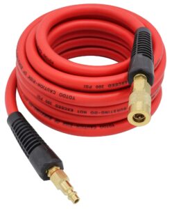 yotoo hybrid air hose 3/8-inch by 25-feet 300 psi heavy duty, lightweight, kink resistant, all-weather flexibility with 1/4-inch brass male fittings, bend restrictors, red