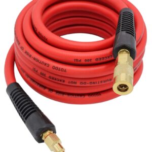 YOTOO Hybrid Air Hose 3/8-Inch by 25-Feet 300 PSI Heavy Duty, Lightweight, Kink Resistant, All-Weather Flexibility with 1/4-Inch Brass Male Fittings, Bend Restrictors, Red