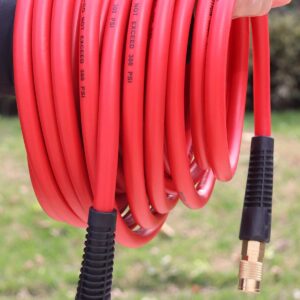 YOTOO Hybrid Air Hose 3/8-Inch by 25-Feet 300 PSI Heavy Duty, Lightweight, Kink Resistant, All-Weather Flexibility with 1/4-Inch Brass Male Fittings, Bend Restrictors, Red