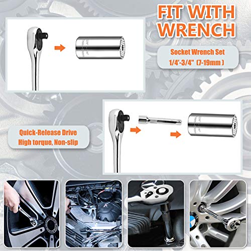 Athlife Universal Socket Wrench Tool Kit 7-19mm Socket Grip Tool Sets with 3/8 Ratchet Wrench Power Drill Adapter Gift for DIY Handyman, Husband, Boyfriend, Dad, Women (Silver)