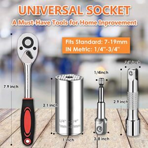 Athlife Universal Socket Wrench Tool Kit 7-19mm Socket Grip Tool Sets with 3/8 Ratchet Wrench Power Drill Adapter Gift for DIY Handyman, Husband, Boyfriend, Dad, Women (Silver)