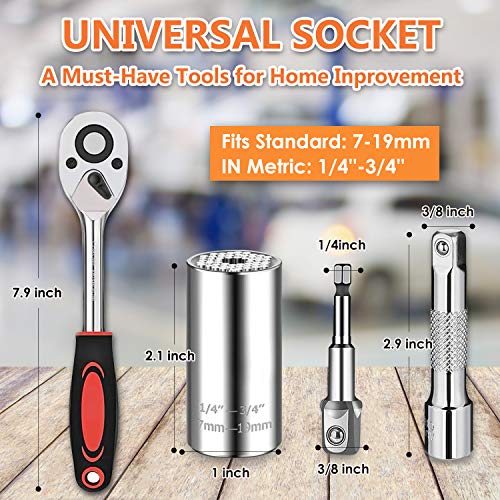 Athlife Universal Socket Wrench Tool Kit 7-19mm Socket Grip Tool Sets with 3/8 Ratchet Wrench Power Drill Adapter Gift for DIY Handyman, Husband, Boyfriend, Dad, Women (Silver)