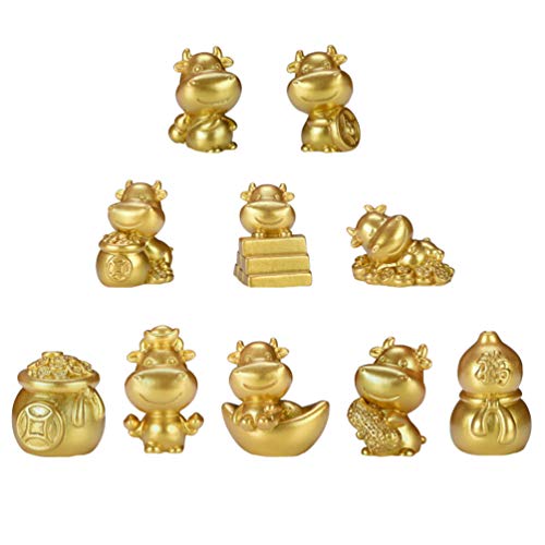 Cabilock 10pcs Resin Animals Figurines 2021 Chinese Zodiac Ox Year Toys Golden Ox Statue Cow Cake Toppers Mini Dollhouse Figurines Fairy Garden Bonsai Micro Landscape Table Decorations