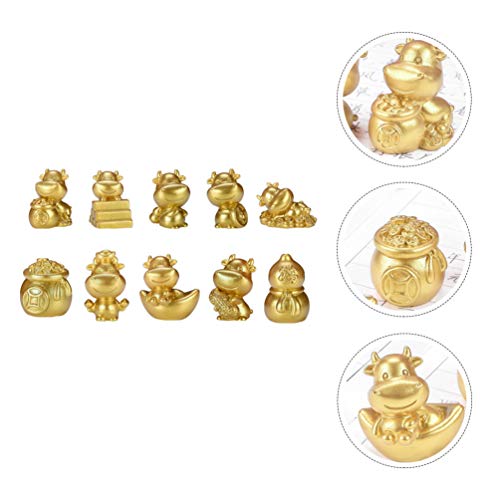 Cabilock 10pcs Resin Animals Figurines 2021 Chinese Zodiac Ox Year Toys Golden Ox Statue Cow Cake Toppers Mini Dollhouse Figurines Fairy Garden Bonsai Micro Landscape Table Decorations