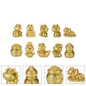 Cabilock 10pcs Resin Animals Figurines 2021 Chinese Zodiac Ox Year Toys Golden Ox Statue Cow Cake Toppers Mini Dollhouse Figurines Fairy Garden Bonsai Micro Landscape Table Decorations