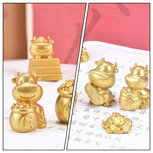 Cabilock 10pcs Resin Animals Figurines 2021 Chinese Zodiac Ox Year Toys Golden Ox Statue Cow Cake Toppers Mini Dollhouse Figurines Fairy Garden Bonsai Micro Landscape Table Decorations