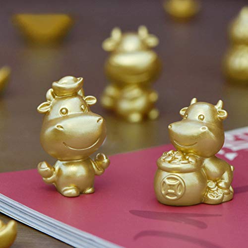 Cabilock 10pcs Resin Animals Figurines 2021 Chinese Zodiac Ox Year Toys Golden Ox Statue Cow Cake Toppers Mini Dollhouse Figurines Fairy Garden Bonsai Micro Landscape Table Decorations