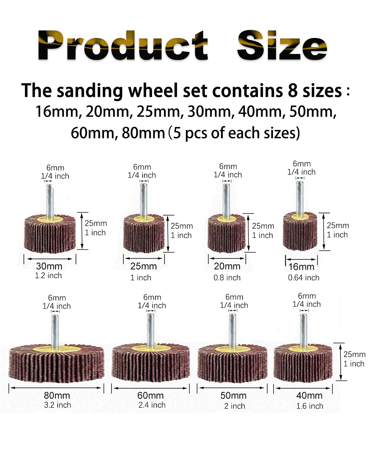 40 Pack 1/4" Abrasive Flap Wheel Sander Set, Rocaris 80 Grit Aluminum Oxide Flap Wheels Cylindrical Shape Sanding Wheel, 8 Sizes