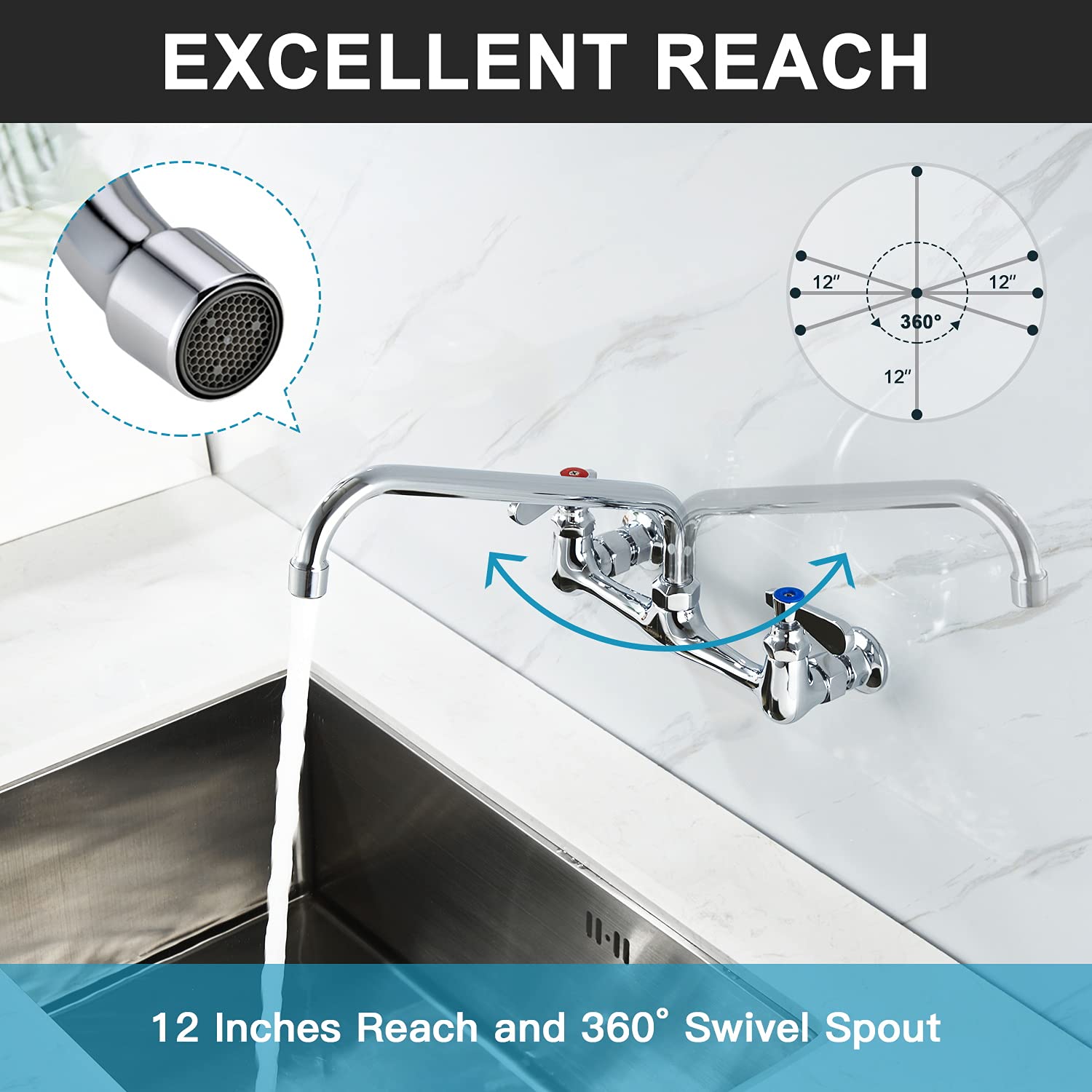 Favorpo Wall Mount Faucet 8 Inches Center Commercial Kitchen Faucet, 12 Inches Swivel Spout Wall-Mount Utility Sink Faucets, 2 Handle Wall Mounted Faucets for Kitchen Laundry Room Restaurant