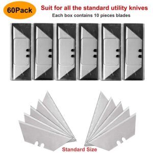 60 Pack Utility Knife Blades, SK5 Steel Heavy Duty Box Cutter Replacement Blades with Plastic Case, Standard Size Razor Blades for Most Standard Utility Knives