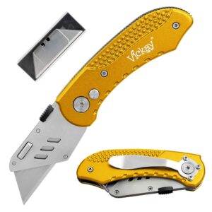 vickay folding utility knife box cutter utility blades heavy duty with 5 sk5 quick change blades, safety axis lock design razor knife, lightweight aluminum body belt clip for office