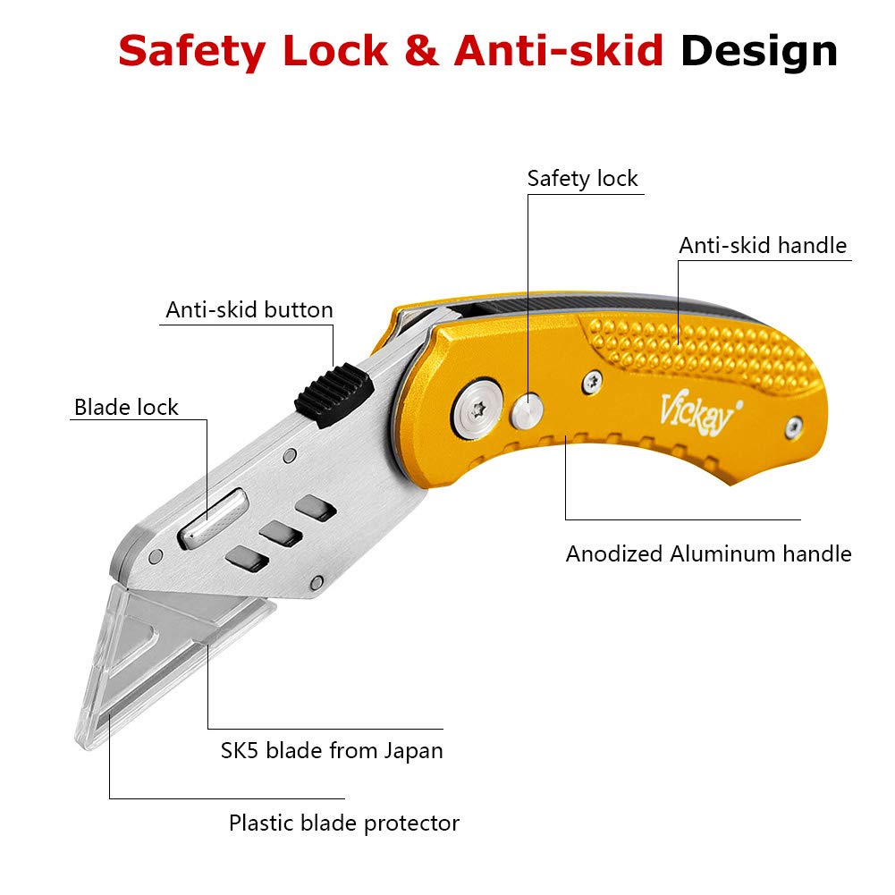 Vickay Folding Utility Knife Box Cutter Utility Blades Heavy Duty with 5 SK5 Quick Change Blades, Safety Axis Lock Design Razor Knife, Lightweight Aluminum Body Belt Clip for Office
