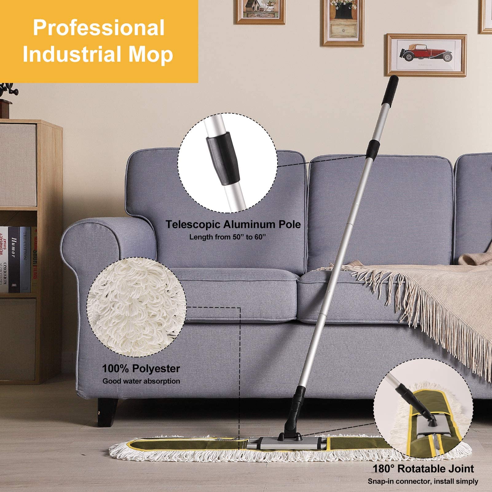 CLEANHOME Dust Mop 36 inch Commercial for Hardwood Floor Cleaning Heavy Duty Industrial Dry Mop for Hotel, Office, Garage, Household Dust Sweeping