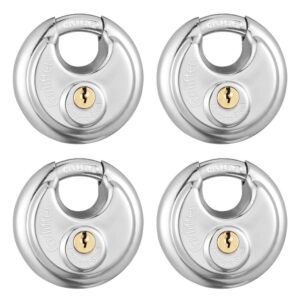 guliffen keyed alike discus padlocks,stainless steel disc padlock with key for storage unit, sheds, garages and trailer，4 pack locks with keys