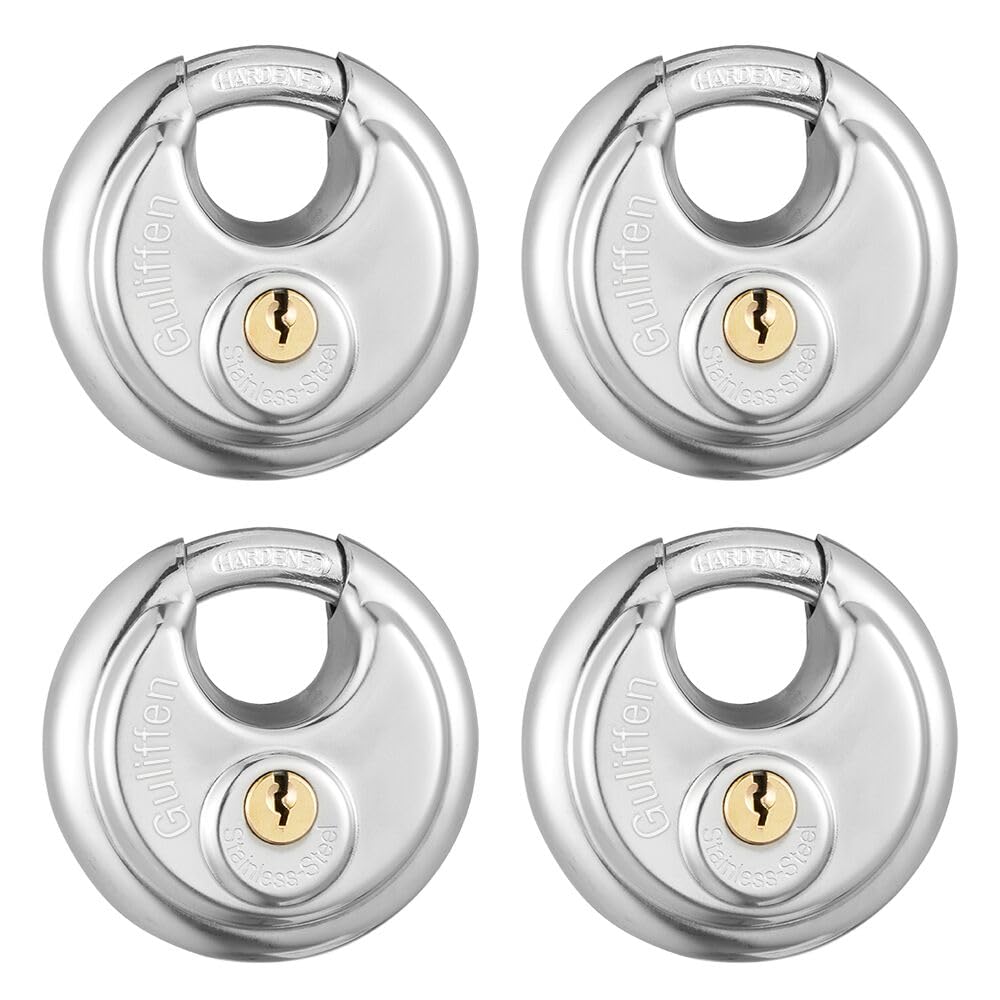 Guliffen Keyed Alike Discus Padlocks,Stainless Steel Disc Padlock with Key for Storage Unit, Sheds, Garages and Trailer，4 Pack Locks with Keys