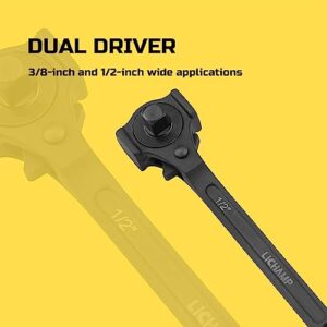 Lichamp 12.4 inch Ratchet Spud Wrench with Hammer Head, 3/8" x 1/2" Drive Dual Head Ratchet Long Handle Spud Bar Wrench for Construction Works