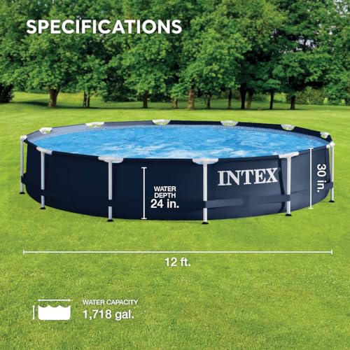 Intex Metal Frame 12 Foot x 30 Inch Round Above Ground Outdoor Backyard Swimming Pool with 530 GPH Filter Cartridge Pump, Navy