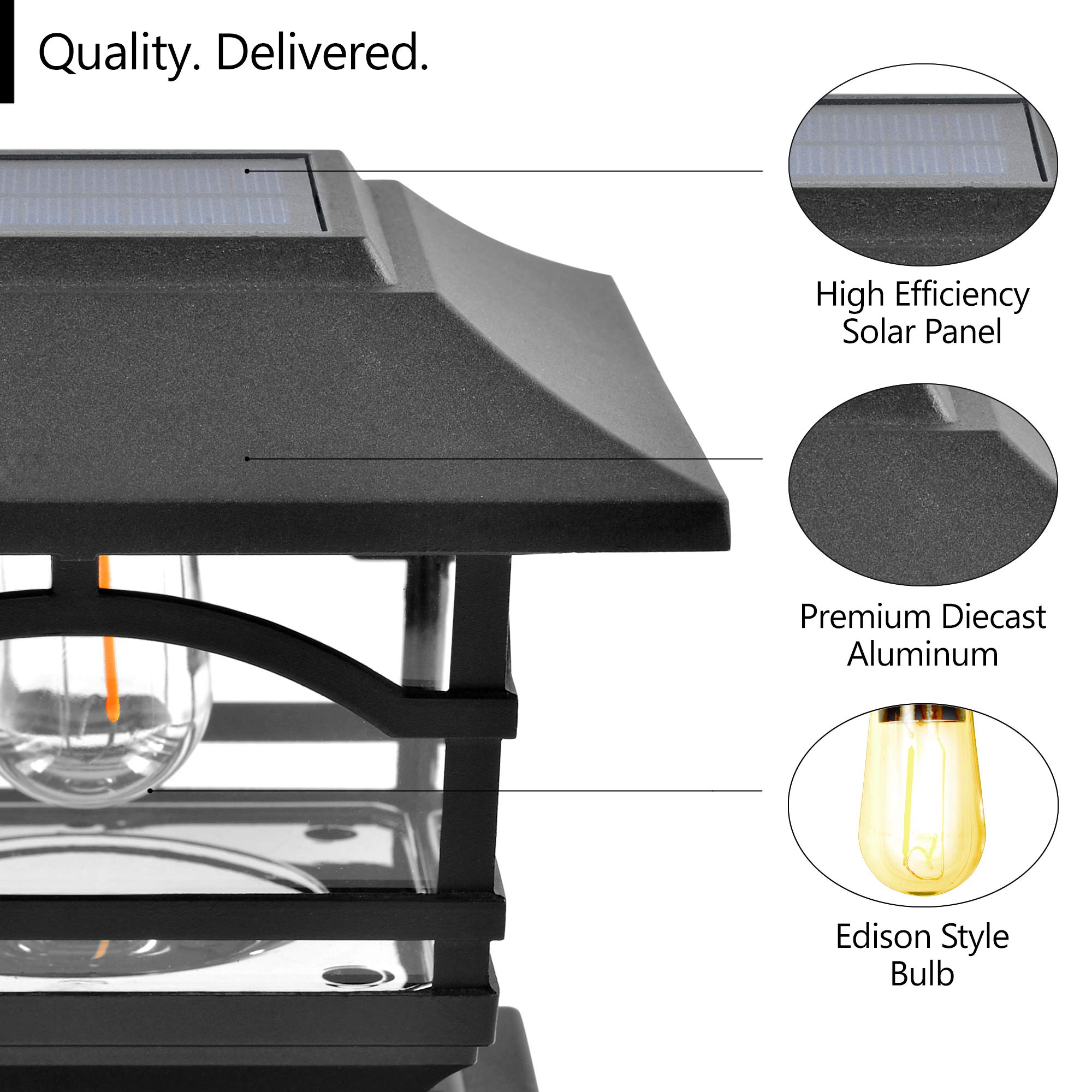 Davinci Lighting Edison Solar Outdoor Post Cap Lights - 4x4 5x5 6x6 - Bright LED Light for Fence Deck Garden or Patio Posts - Slate Black (1 Pack)