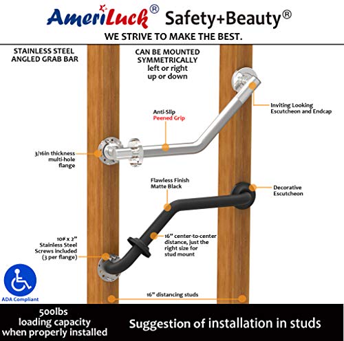 AmeriLuck Decorative Angled Grab Bar for Stud Mount, ADA Compliant 500lbs Loading Capacity, Stainless Steel (Peened, 16 inches)