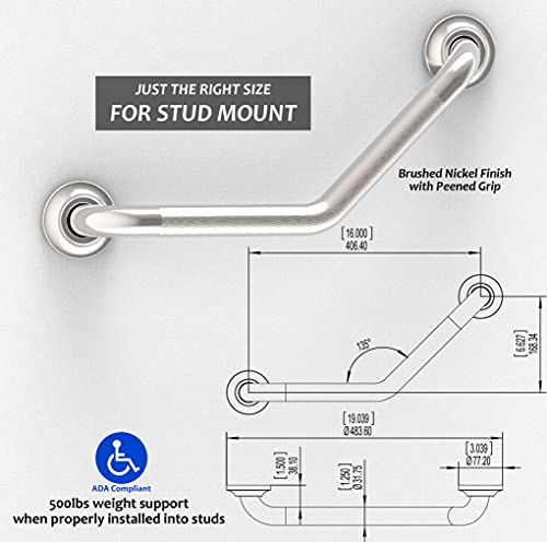 AmeriLuck Decorative Angled Grab Bar for Stud Mount, ADA Compliant 500lbs Loading Capacity, Stainless Steel (Peened, 16 inches)