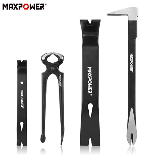 MAXPOWER 4-Pieces Pry Bar Set, 12-inch Utility Claw Pry Bar, 8-inch Nail Puller, 10-inch and 7-inch Flat Pry Bar Crowbar Claw