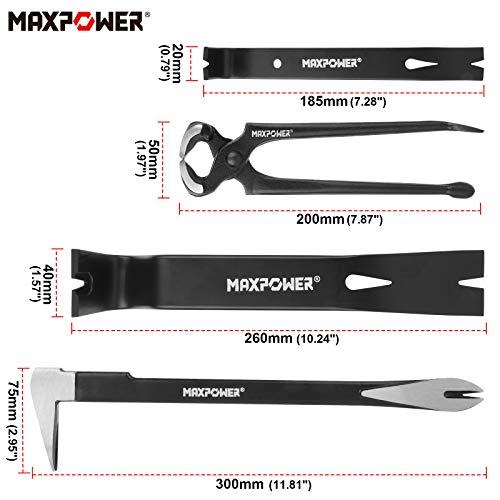 MAXPOWER 4-Pieces Pry Bar Set, 12-inch Utility Claw Pry Bar, 8-inch Nail Puller, 10-inch and 7-inch Flat Pry Bar Crowbar Claw