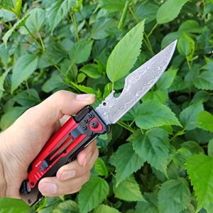 SHUBHADA Damascus Steel Folding Pocket Knives Multi Function Emergency Tool Knives Led Light Magnesium fire starter Seatbelt cutter Glass breaker Bottle opener (Red)