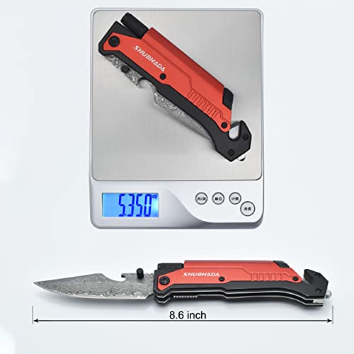 SHUBHADA Damascus Steel Folding Pocket Knives Multi Function Emergency Tool Knives Led Light Magnesium fire starter Seatbelt cutter Glass breaker Bottle opener (Red)