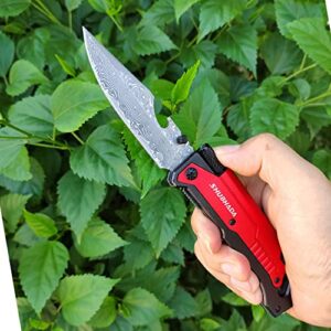 SHUBHADA Damascus Steel Folding Pocket Knives Multi Function Emergency Tool Knives Led Light Magnesium fire starter Seatbelt cutter Glass breaker Bottle opener (Red)