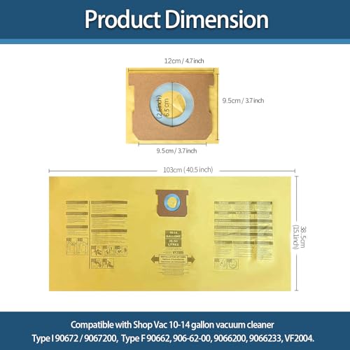 8 Pack 90672 Vacuum Bags Compatible with 10-14 gallon Type F 90662 9066200 9066233 Type I 90672 9067200 9067233 VF2005 Disposable Fine Dust Collection Bags