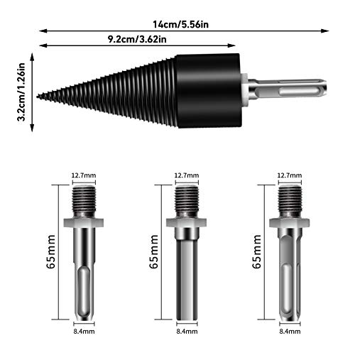 3PCS Firewood Log Splitter Drill Bits with Gloves, Wood Splitter Drill Bit Removable Handle, Heavy Duty Drill Screw Cone Driver for Household Electric Drill Hand Drill Stick-hex+Square+Round (32mm)