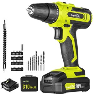 snapfresh cordless drill - 20v cordless drill with battery and charger, power drill set with 2 variable speed, 21+1 torque setting, lightweight, led, 43pcs drill bits, impact drill set for home, diy